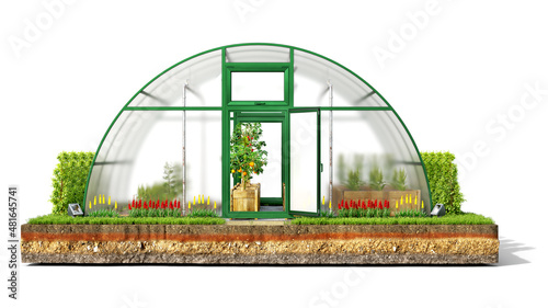 Valokuva Front view on a greenhouse on a piece of ground, isolated on white background, 3