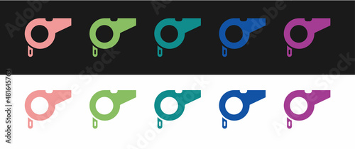 Set Whistle icon isolated on black and white background. Referee symbol. Fitness and sport sign. Vector