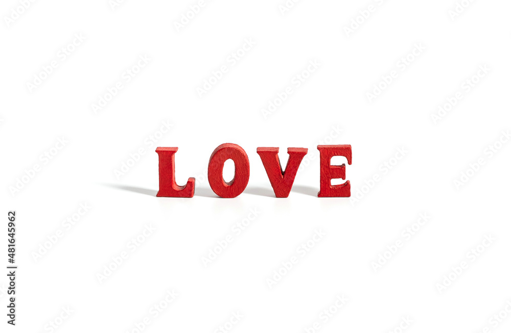 Love text with red wooden letters isolated on white background. Copy space. Love text with red wooden letters isolated on white background. Copy space.