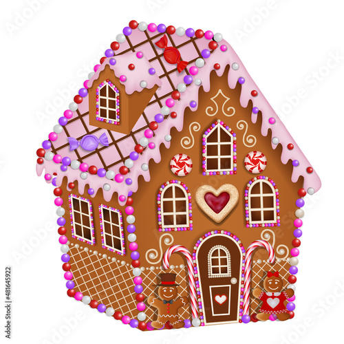 Valentine's day gingerbread house with cookies and candies