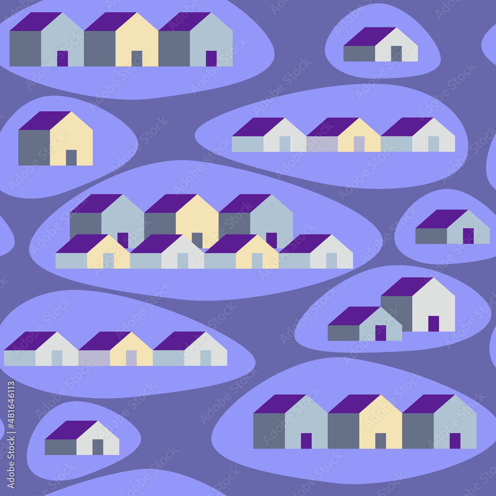Vector seamless pattern with houses on Very Peri purple color background. Property sale. Village. Sustainable home living concept. Real estate. Print Design for cover, fabric, business card. Violet