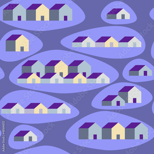 Vector seamless pattern with houses on Very Peri purple color background. Property sale. Village. Sustainable home living concept. Real estate. Print Design for cover, fabric, business card. Violet © NVS my world
