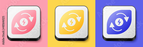 Isometric Water energy icon isolated on pink, yellow and blue background. Ecology concept with water droplet. Alternative energy concept. Square button. Vector