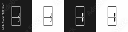 Set Refrigerator icon isolated on black and white background. Fridge freezer refrigerator. Household tech and appliances. Vector