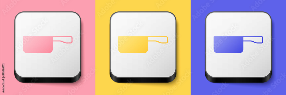 Isometric Frying pan icon isolated on pink, yellow and blue background. Fry or roast food symbol. Square button. Vector Isometric Frying pan icon isolated on pink, yellow and blue background. Fry or roast food symbol. Square button. Vector