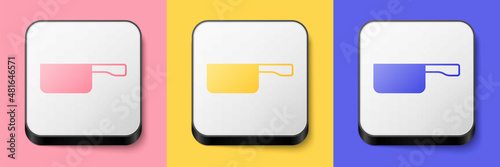 Isometric Frying pan icon isolated on pink, yellow and blue background. Fry or roast food symbol. Square button. Vector