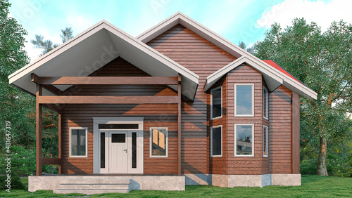 Exterior of wooden house with asphalt shingle roof. 3d illustration