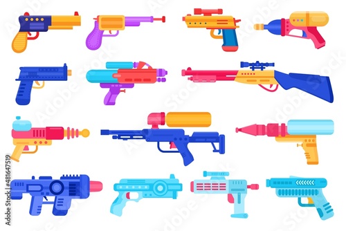 Cartoon kids toy weapons, water guns, pistols and blasters. Plastic handguns and rayguns for summer games. Children space lasers vector set
