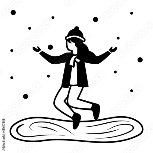 Joyful Woman in Snowfalling Concept, Girl Dancing in snow Park Vector line Icon Design, Winter Season activity Scene Symbol, Wintertime Sign, Holiday Celebration in Snowy Park Stock Illustration