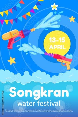 Songkran poster with toy guns and splashes, thailand water festival. Summer thai culture fun party event. Cartoon songkran fest vector flyer