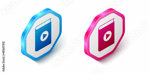Isometric Audio book icon isolated on white background. Play button and book. Audio guide sign. Online learning concept. Hexagon button. Vector