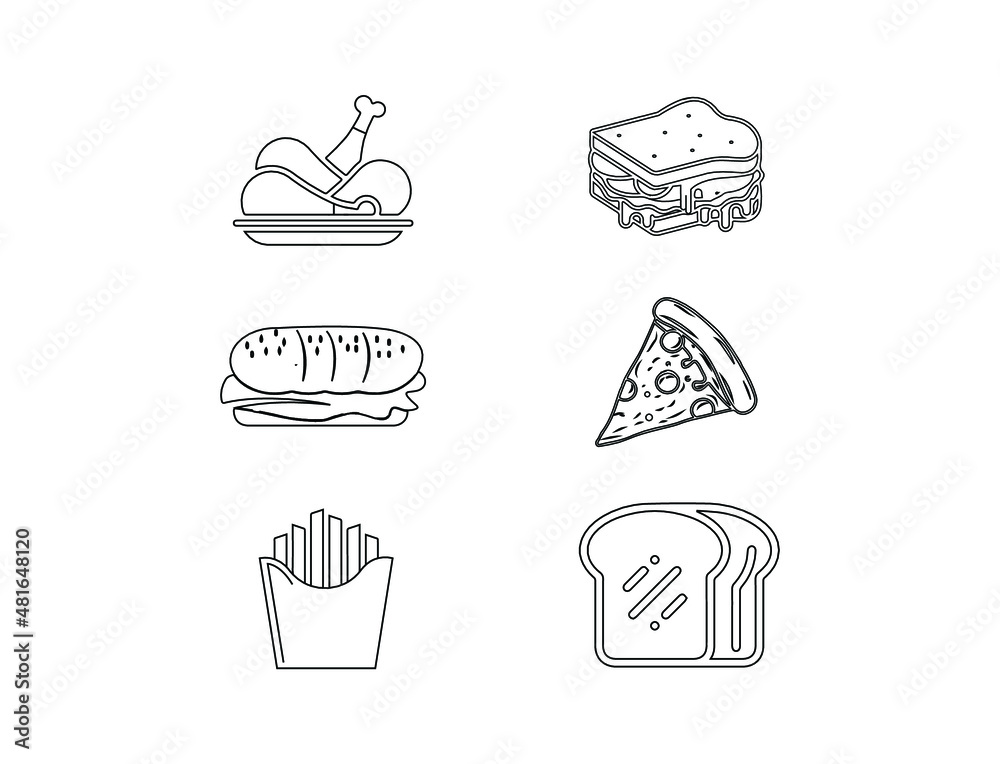 fast food icon set sandwich, pizza, fries, bread, chicken line art