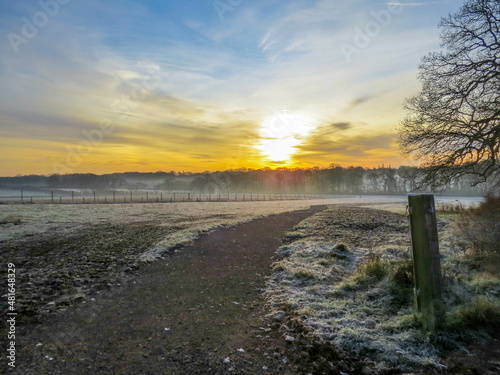 sunrise in the countryside on a bright frosty winter day 