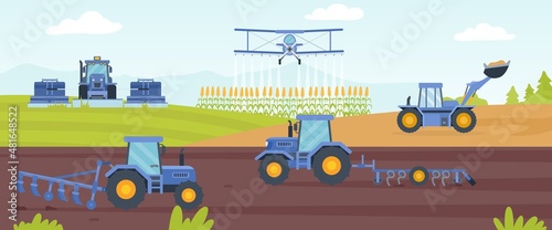 Agricultural machinery banner with farm field landscape and tractor. Combines cultivating soil for crop. Agriculture industry vector concept