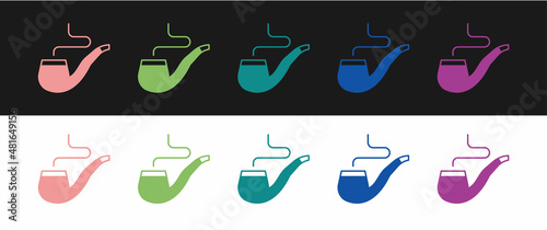 Set Smoking pipe with smoke icon isolated on black and white background. Tobacco pipe. Vector