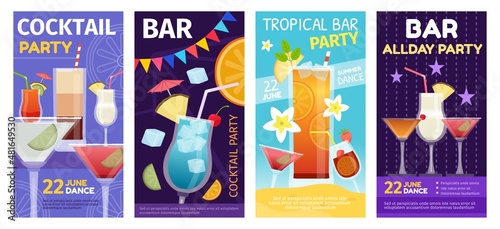 Cocktail summer party and tropical bar posters with drinks glasses. Alcoholic cocktails drinking event in night club invitation vector set