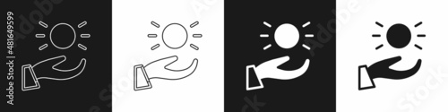 Set Ball levitating above hand icon isolated on black and white background. Levitation symbol. Vector