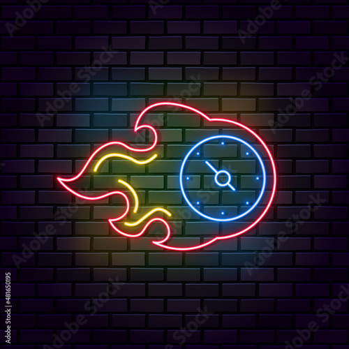 Speed neon icon Stopwatch concept - faster sign with fire - time is running out. Simple element time and timer speed neon style vector icon