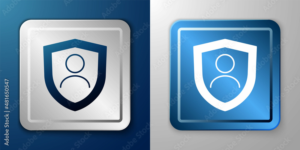 White Life insurance with shield icon isolated on blue and grey background. Security, safety, protection, protect concept. Silver and blue square button. Vector White Life insurance with shield icon isolated on blue and grey background. Security, safety, protection, protect concept. Silver and blue square button. Vector
