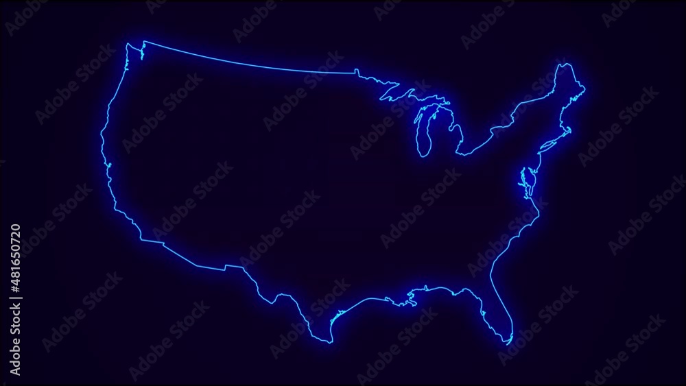 United States of America Map Outline Country Border on dark blue.  Neon Lights  colorful animation transition. Flag of USA.  Animation in neon style. 4k Resolution.