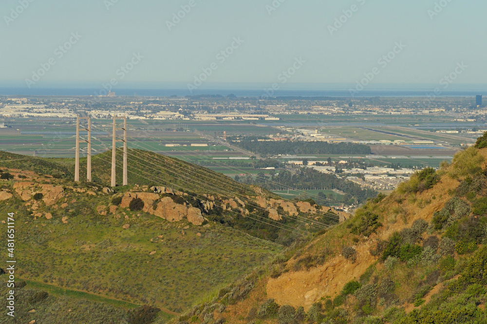 View of Ventura and Oxnard from Thousand Oaks with power lines, California, USA