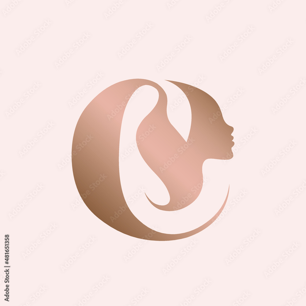 Beauty, hair salon letter C. Cosmetics, beautician, spa, hairdresser logo isolated on light background. Beautiful woman portrait. Rose gold alphabet initial. Young lady face. Elegant, glamour style. Beauty, hair salon letter C. Cosmetics, beautician, spa, hairdresser logo isolated on light background. Beautiful woman portrait. Rose gold alphabet initial. Young lady face. Elegant, glamour style.