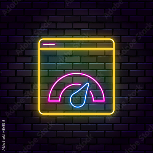 Speed neon icon Web browser with speedometer testing Speed of internet connection. Website speed loading time neon style vector icon. Simple element time and timer speed neon style vector icon