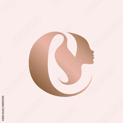 Beauty, hair salon letter C. Cosmetics, beautician, spa, hairdresser logo isolated on light background. Beautiful woman portrait. Rose gold alphabet initial. Young lady face. Elegant, glamour style.