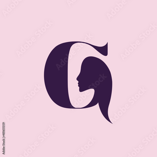 Beauty, hair salon letter G. Cosmetics, beautician, spa, hairdresser logo isolated on light background. Beautiful woman portrait. Alphabet initial icon. Young lady face. Elegant, glamour style.