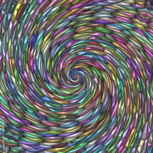 multi-coloured 3D spiral pattern and design from many tiny brightly coloured pyramid shapes