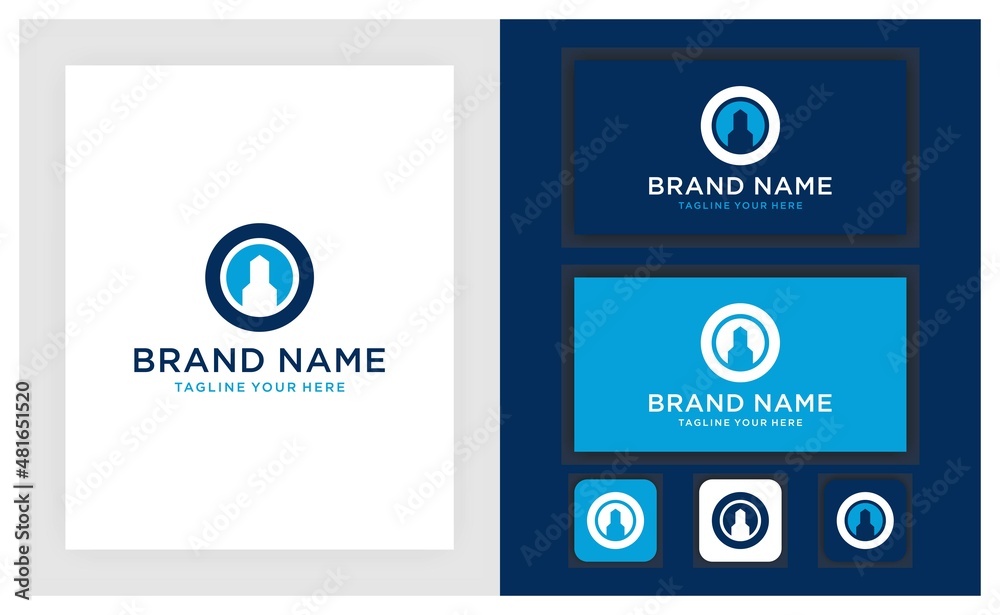 Simple building logo design template with creative circle concept, vector illustration with business card.