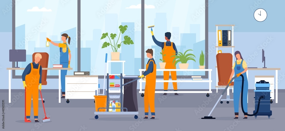 Flat professional cleaning service workers clean in office interior ...