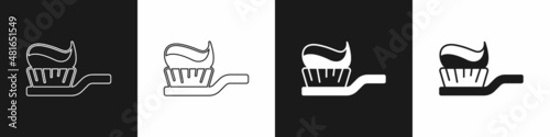 Set Toothbrush with toothpaste icon isolated on black and white background. Vector