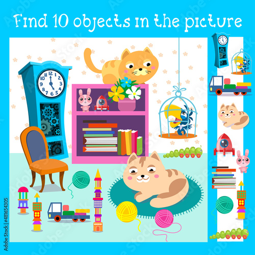 Kittens and balls of thread in room. Characters in cartoon style with background. Find 10 objects. Game for children. Vector full color illustration.