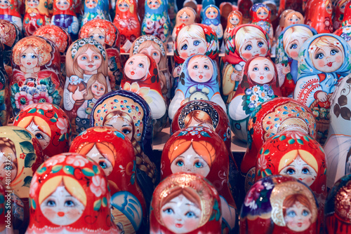 Colorful Russian nesting dolls matreshka at the market. Matrioshka Nesting dolls are the most popular souvenirs from Russia