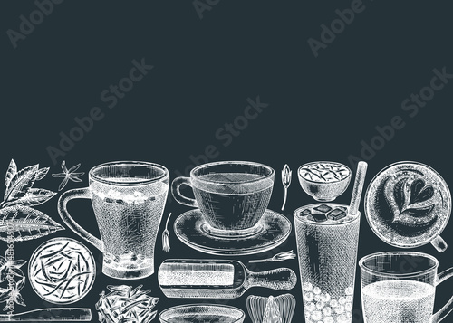 Tea shop or cafe design with hand-sketched tea drinks illustrations. Vector sketches of teacups, glasses, dried leaves, jasmine blossoms. Popular beverages background for menu or banner template