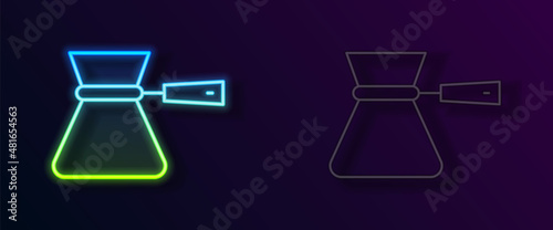 Glowing neon line Coffee turk icon isolated on black background. Coffee cezve. Vector