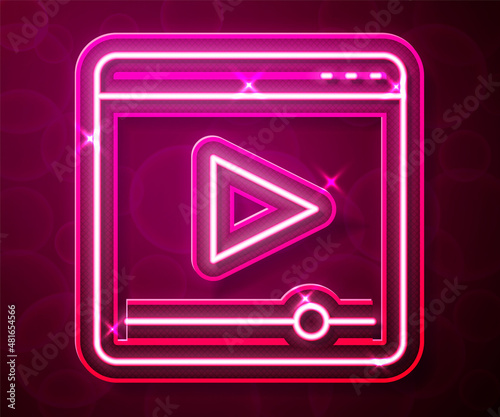 Glowing neon line Online play video icon isolated on red background. Film strip with play sign. Vector photo