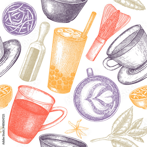 Hand-sketched tea drinks and ingredients seamless pattern. Vector backdrop with hot beverage cups, dried leaves, jasmine blossoms sketches. Popular tea background for cafe or restaurant menu design