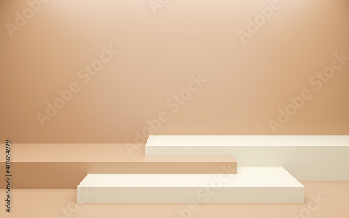 3D beige and white color pedestal podium on background. cube Empty showcase for cosmetic product. mockup Stage for the awards ceremony, brown creamy exhibition plinth stand, 3D rendering.

