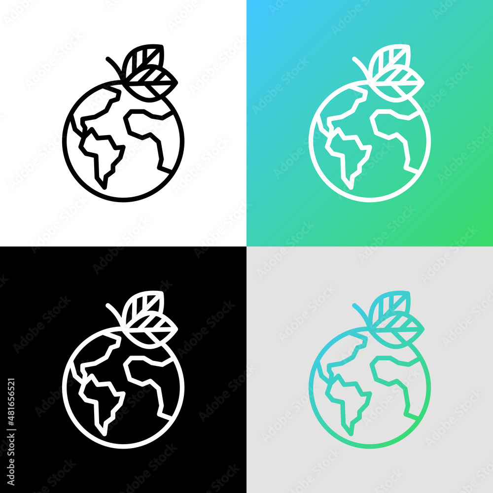 Green planet symbol, earth with leaves. Thin line icon. Save nature concept, circular economy. Organic product. Vector illustration.