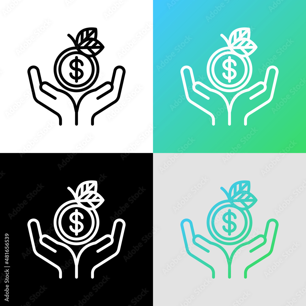 Fototapeta premium Ecological economics thin line icon. Hands holding dollar coin with leaves. Circular economics. Vector illustration for environmental issues.
