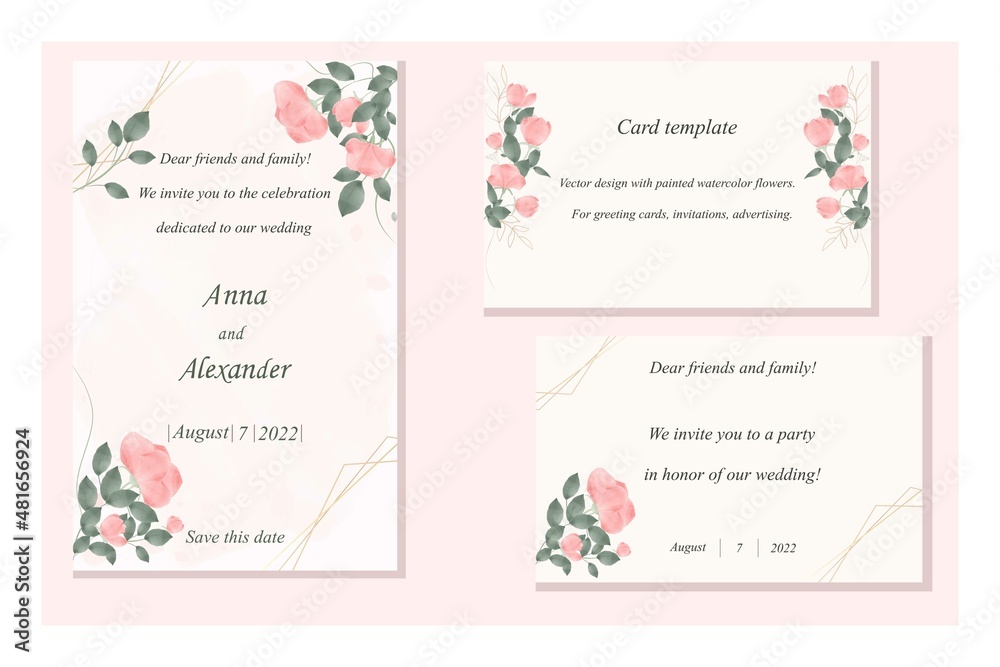 Invitation and holiday card templates. A set of postcards for weddings, greetings, events. Vector design with soft pink roses and foliage.