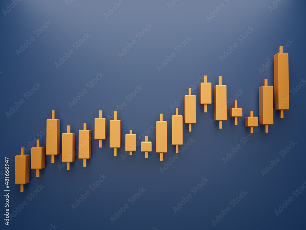 3D Gold Candle stick Chart isolated on blue background, financial and stock markets, Minimal concept trading crypto currency, investment trading, exchange, forex, financial, index, Bullish.
