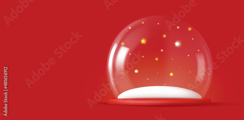 Christmas magic glass dome snowball, empty with snow and magic dust confetti, 3d render graphic on red backdrop
