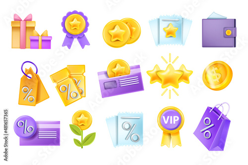 3D sale vector icon set, discount coupon voucher, loyalty program bonus coin, bank card, wallet. Shopping offer badge, VIP customer present, finance sticker collection. 3D sale object on white