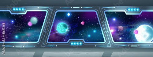 Space ship interior background, futuristic shuttle view, planets, spaceship station panoramic window. Galaxy universe illustration, sci-fi game rocket room concept, stars neon blue sky. Spaceship hall