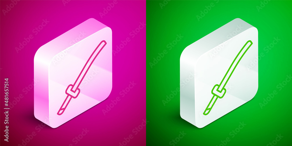 Isometric line Traditional Japanese katana icon isolated on pink and green background. Japanese sword. Silver square button. Vector Isometric line Traditional Japanese katana icon isolated on pink and green background. Japanese sword. Silver square button. Vector