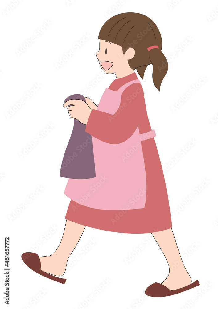 イラスト素材:エプロンをして笑顔でタオルを運ぶお手伝いをする女の子 イラスト素材:エプロンをして笑顔でタオルを運ぶお手伝いをする女の子