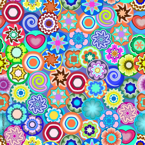 Millefiori - colorful seamless pattern. Abstract mosaic pattern with glass beads. Vector clipart.